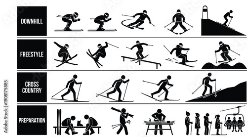 Black vector silhouette pictogram set of athletes doing downhill ski, freestyle ski, cross country ski, preparation stretching and gym training exercises for infographic or sports poster