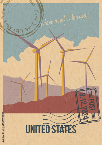 United States Wind Farm Attraction Postcard, USA Offshore Wind Power Popular Place Illustration, Vector Template Retro Style Greeting Card. Vintage Colors, Aged Paper Texture