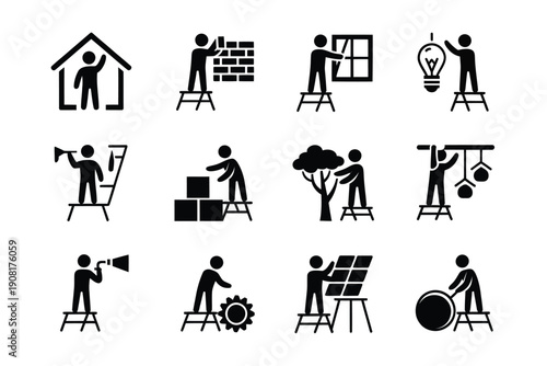 Black and white icons depicting various home maintenance and repair tasks