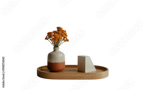 Minimalist arrangement of a vase with orange flowers and a geometric object on a wooden tray isolated on transparent background