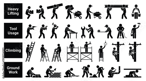 Black construction worker safety pictogram set with heavy lifting, tool usage, climbing ladder, scaffold work icons, vector silhouettes for signage or instruction manual