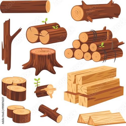 Wood logs, timber planks, stumps, and cut tree elements illustration representing forestry resources, lumber processing, natural materials, and eco-friendly wood industry concept