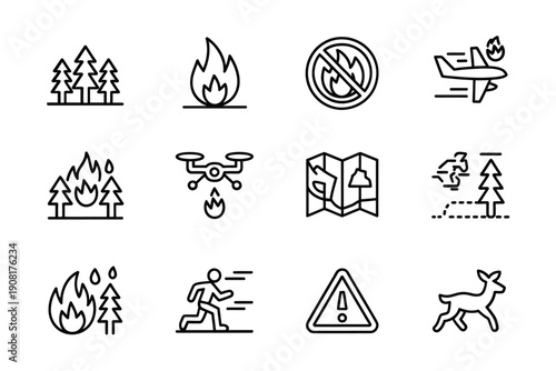 Forest fire safety icons depicting risks prevention and emergency responses
