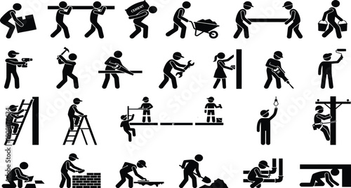 Black vector stick figure construction workers silhouettes set with ladder, wheelbarrow, drill, saw, hammer and painting roller for safety training or infographic