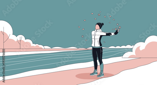 Woman Enjoying Winter Nature, Releasing Petals