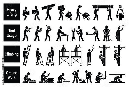 Black construction worker pictogram set with ladder climbing, heavy lifting, tool usage and ground work silhouettes, vector icon pack for safety training poster or presentation
