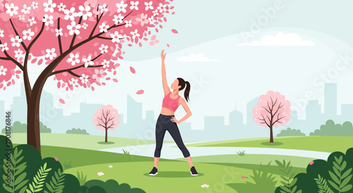 Woman Exercising Under Cherry Blossom Tree in Spring Park with City Skyline