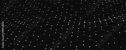 A monochrome hexagonal grid spreads out in the darkness, maintaining a strict rhythm and order. A futuristic hexagonal background. Honeycomb patterns create a sense of hidden structure and