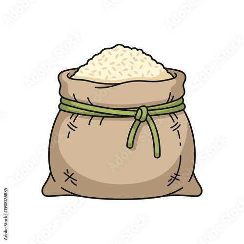 A burlap sack tied with a rope and filled with grains from an aerial viewpoint