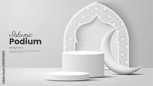 islamic podium background design with moon and arch.