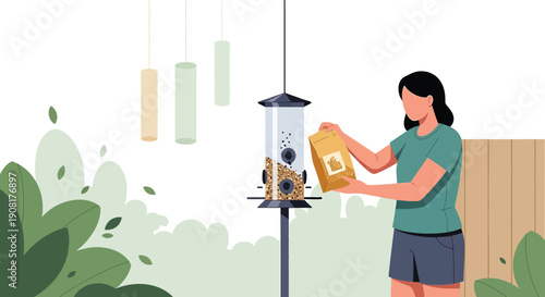 Woman Filling Bird Feeder with Seed Mix - Backyard Nature Illustration