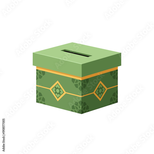 A decorative green charity box with Islamic patterns for donating during Ramadhan, viewed from above, symbolizing generosity and community giving