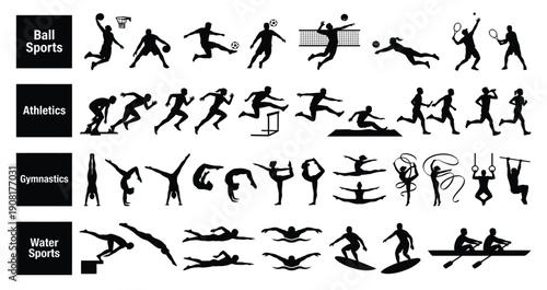 Black silhouette sports pictogram set with athletes running, jumping, boxing, tennis and gymnastics, vector icon collection for infographic or UI, Isolated on white background