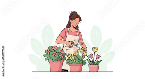Woman gardener tending potted flowers, cutting blooms with scissors, illustration