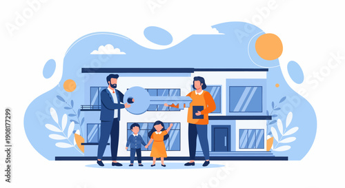 Family of Four Standing Together Illustration.