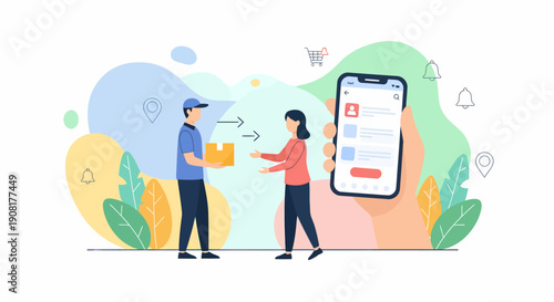 Man and woman interacting with smartphone illustration.