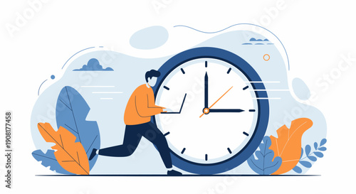 Man Running with Laptop and Clock.