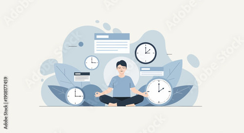 Man Meditating with Clocks Around Him.