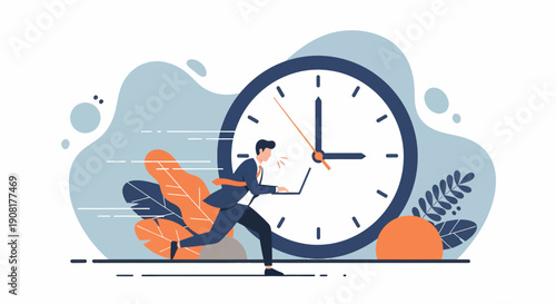 Man Running Past Large Clock Illustration.