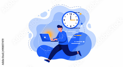 Man Running with Laptop and Clock.