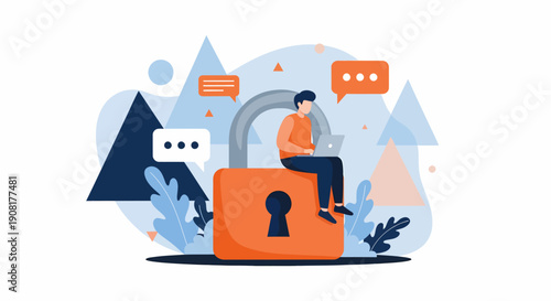 Man Sitting on Large Orange Padlock.