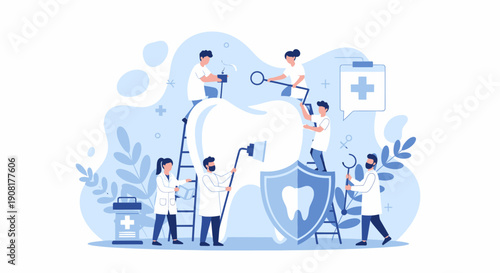 Dental Care Vector Illustration of Dentist Team Cleaning and Protecting Tooth in Modern Clinic 