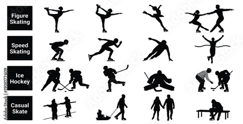 Black athlete silhouette pictogram set of figure skating, speed skating, ice hockey, and casual skaters for sports poster or app UI, vector illustration