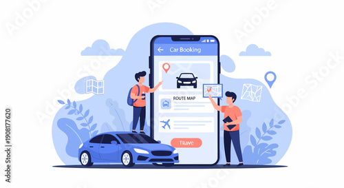 car booking ,Ride hailing service illustration showing a person searching for a ride on a map.