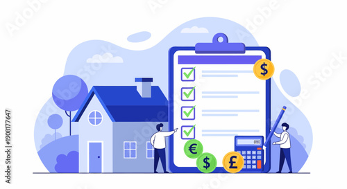 People Reviewing Financial Documents Near House.