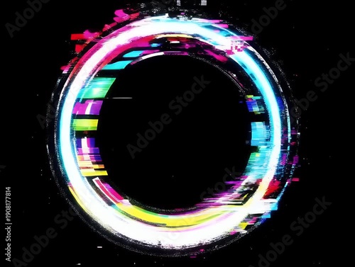 Glitched neon circle with distortion on black
