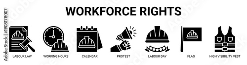 Workforce Rights web banner icon vector illustration concept with icon of labour law, working hours, calendar, protest, labour day, flag, and high visibility vest.