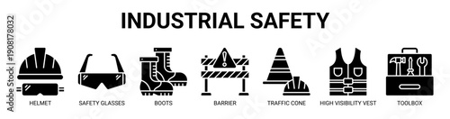 Industrial Safety web banner icon vector illustration concept with icon of helmet, safety glasses, boots, barrier, traffic cone, high visibility vest, and toolbox.