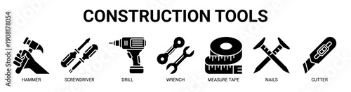 Construction Tools web banner icon vector illustration concept with icon of hammer, screwdriver, drill, wrench, measure tape, nails, and cutter.