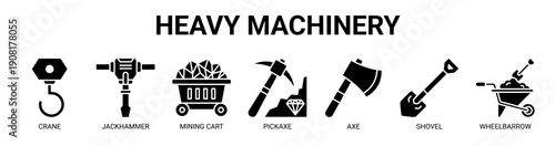 Heavy Machinery web banner icon vector illustration concept with icon of crane, jackhammer, mining cart, pickaxe, axe, shovel, and wheelbarrow.