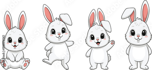 Cute White Bunny Character Illustration Set with Happy Poses and Expressions for Kids Designs, Nursery Graphics, Stickers, and Cartoon Mascots