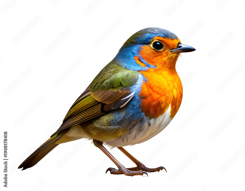 Obraz premium Colorful small bird with blue head orange chest and green back.