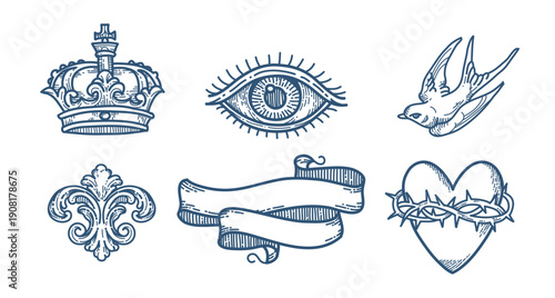 Vintage symbols elements in hand draw style,  Crown, eyes, bird, heart, scrolls ribbons, Line Art Illustration for  Vintage Print Design
