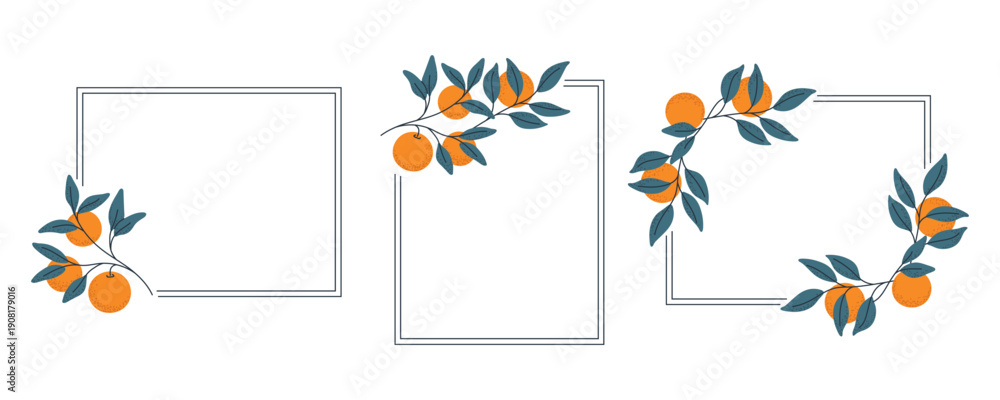 Naklejka premium Square Frames Set with Orange Citrus Fruits and Leaves vector