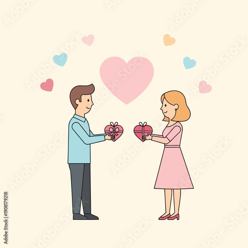 Couple exchanging heart shaped gifts on Valentines Day.
