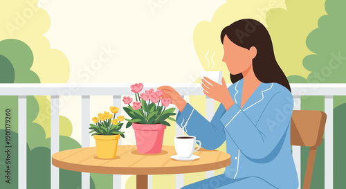 Woman enjoying coffee on balcony with blooming potted flowers