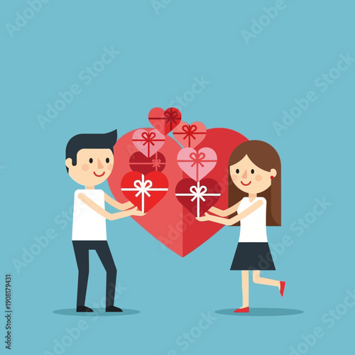 Couple exchanging heart-shaped gifts, symbolizing love and affection.