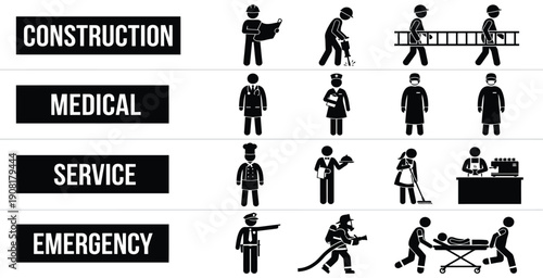 Black and white vector safety pictogram set with construction, medical, service and emergency signs on horizontal labels, Isolated on transparent background, png