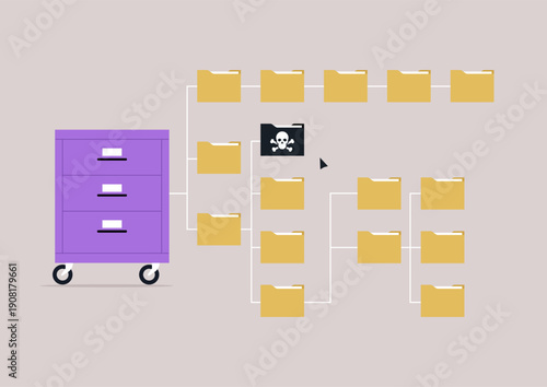 A vivid file system showcases a central virus folder marked with a skull, surrounded by cheerful yellow folders, hinting at the danger lurking beneath the surface of an organized space.