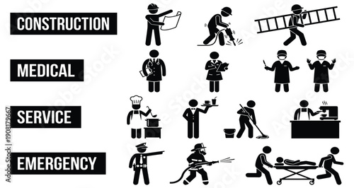 Black and white vector construction or service worker pictogram icon set with category labels
