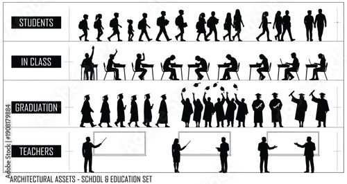 Black graduation or students and teachers silhouettes set, classroom poses and group celebration, vector illustration. Isolated on transparent background, png