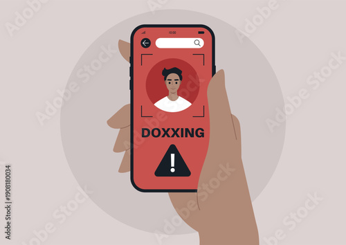 A hand holds a mobile phone displaying a striking doxxing profile, Bright red alert symbols emphasize the dangers of privacy invasion in the digital world, Awareness grows about personal safety.