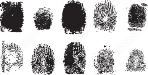 Collection of fingerprint icons for detective work. Ten different thumbprint patterns with detailed ridges. Police identification and criminal record verification set