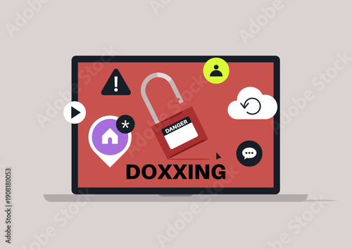 A laptop screen illustrates the dangers of doxxing with bold graphics and warning signs, Icons of security, risk, and internet privacy fill the display to convey urgency and awareness.