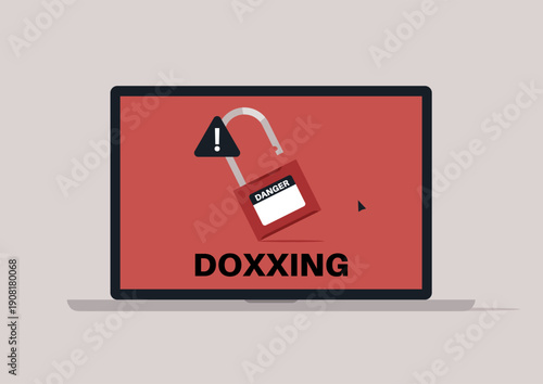 A laptop screen displays a bold warning about doxxing, featuring a red background with a padlock icon, This serves as a stark reminder of the risks associated with online privacy violations