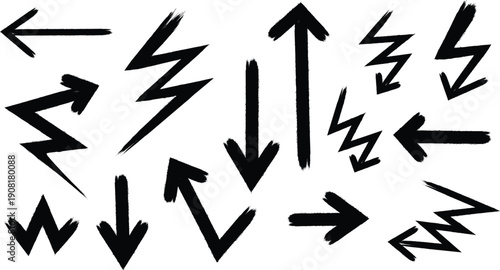 Rough vector arrow shapes, transparent background. Bold black brushstroke lines, paint texture, stencil graffiti form lightning bolts, abstract direction marks. Ink strokes, thick hand drawn arrows